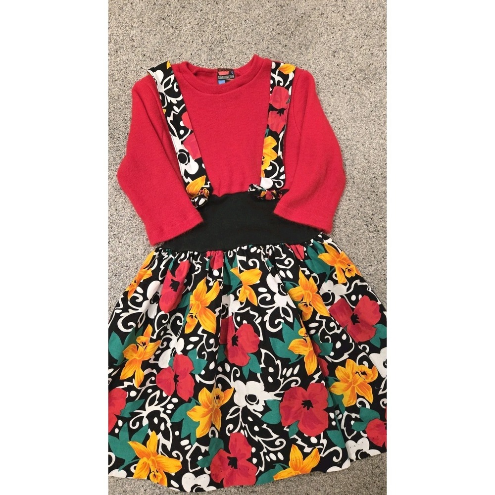 Vintage 90s Girls Dress Size 12 1/2 Floral Made USA Red Boutique Style Retro